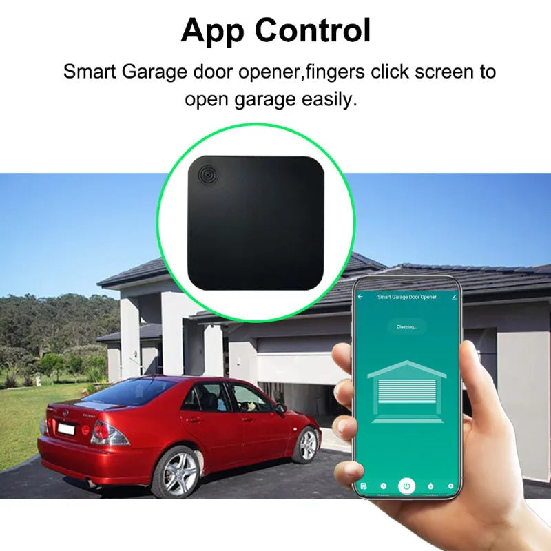 Black plastic smart garage door controller with WiFi and app for remote access and voice control.