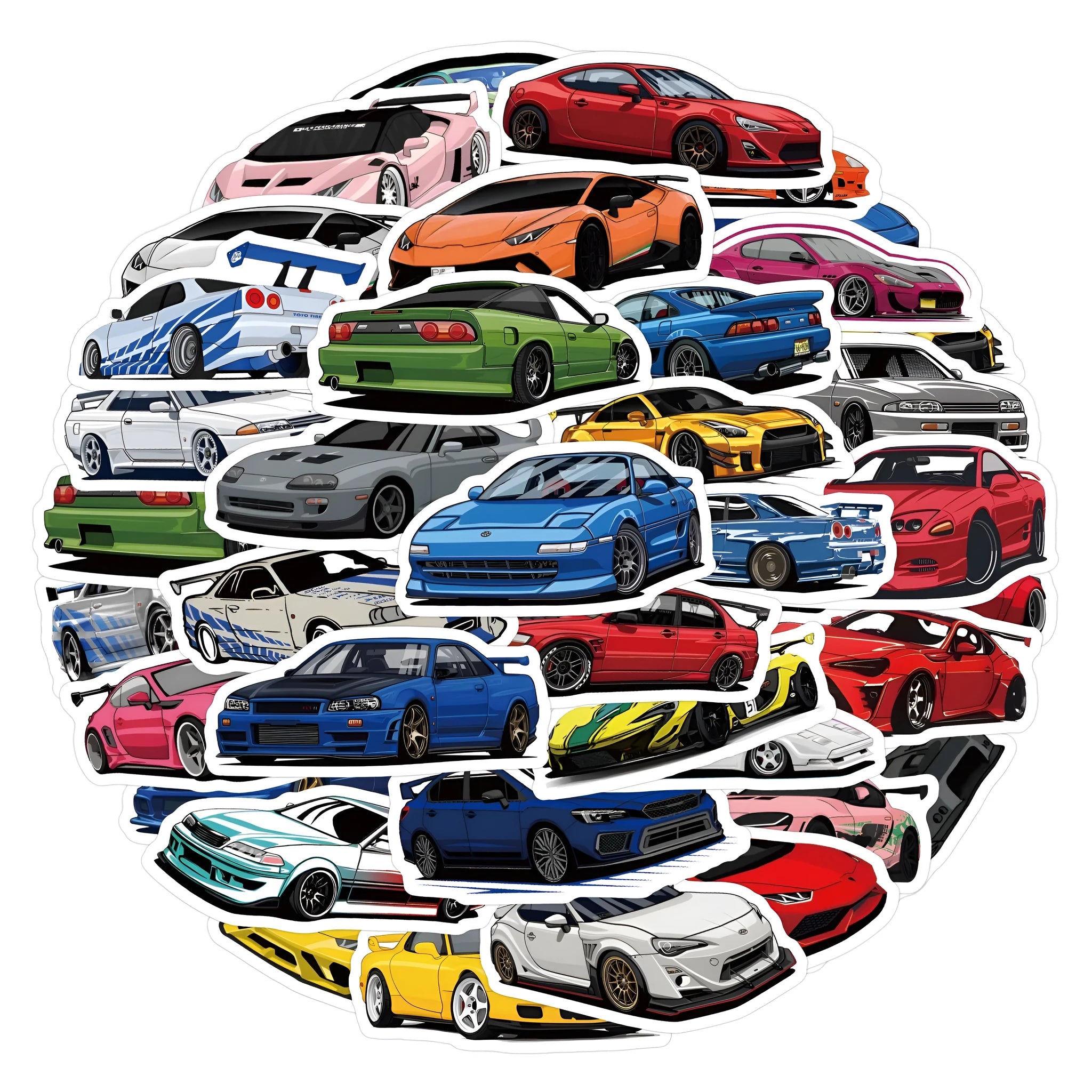 Set of 60 individual sports car graffiti design vinyl stickers scattered, showing variation in design.