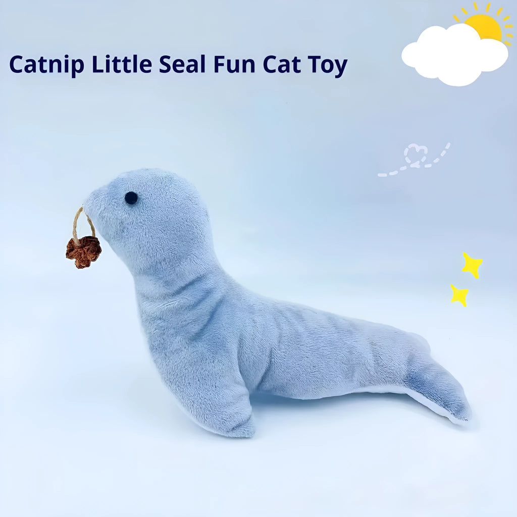 Blue sea lion plush cat toy with bell sound, catnip, and teeth grinding surfaces