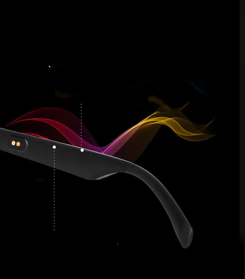 Smart Bluetooth glasses with open-ear speakers built into the temples, shown with a polarised lens option.