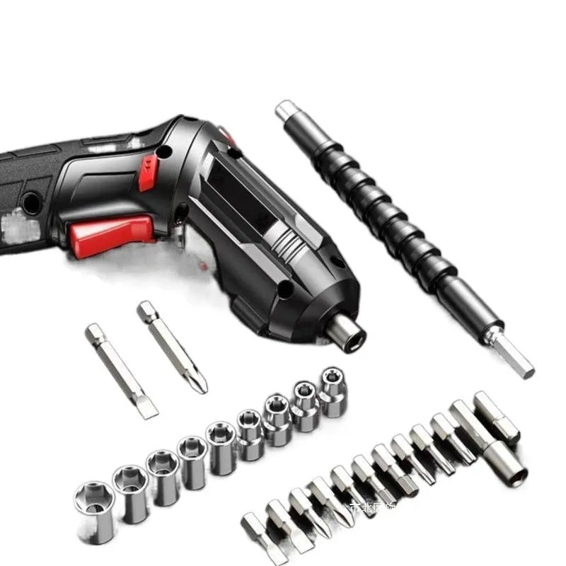 Cordless electric screwdriver tool with lithium battery and utility bag set for DIY home use.