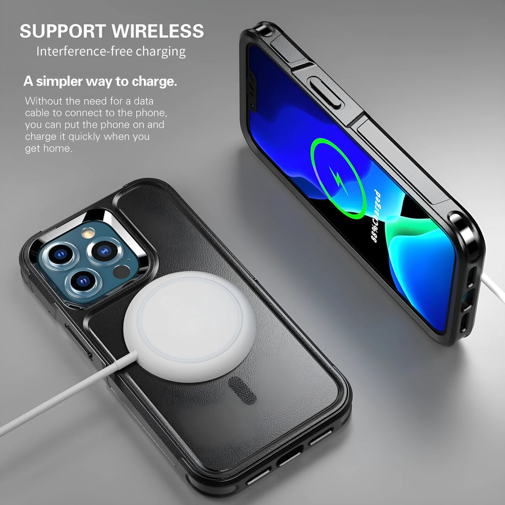 Black shatterproof magnetic phone case for iPhone 12 and 13 series showing front and back views