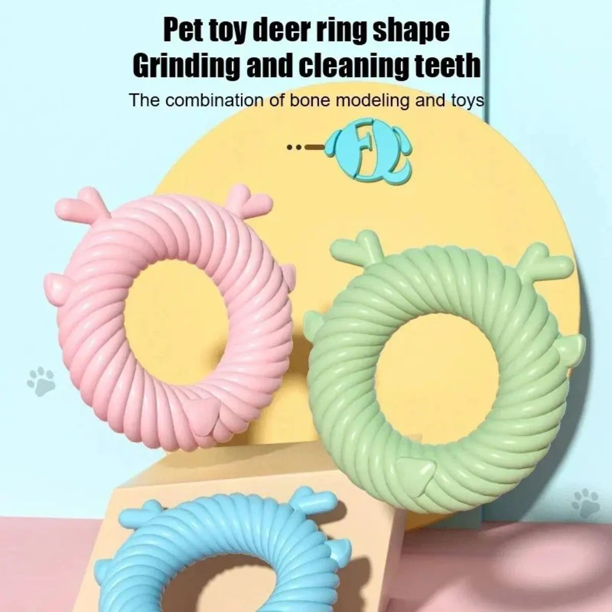 Deer-shaped dog chew toy with spiral grooves in Light Sky Blue, Light Pink, or Avocado Green colours