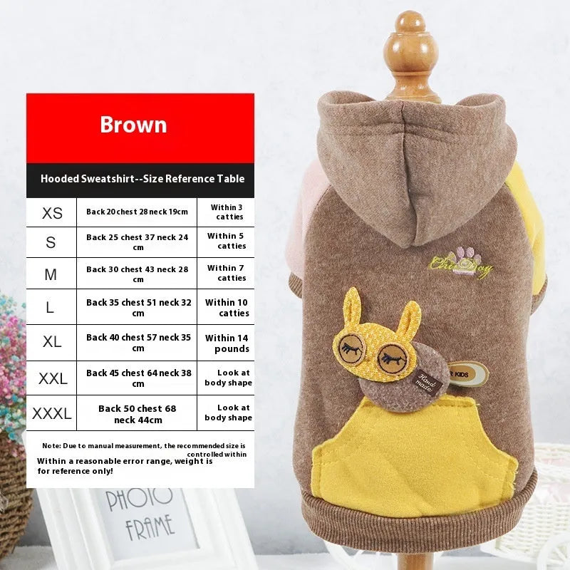 Brown cotton dog sweatshirt shown with green and pink colour options, sizes XS to 2XL