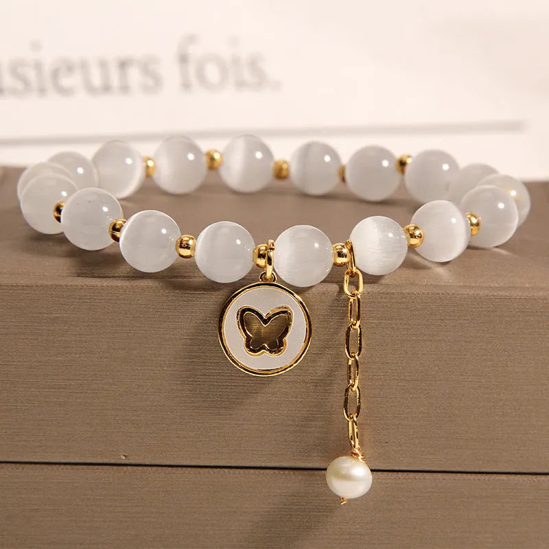 White crystal cat's eye bracelet with geometric Korean-style design for women