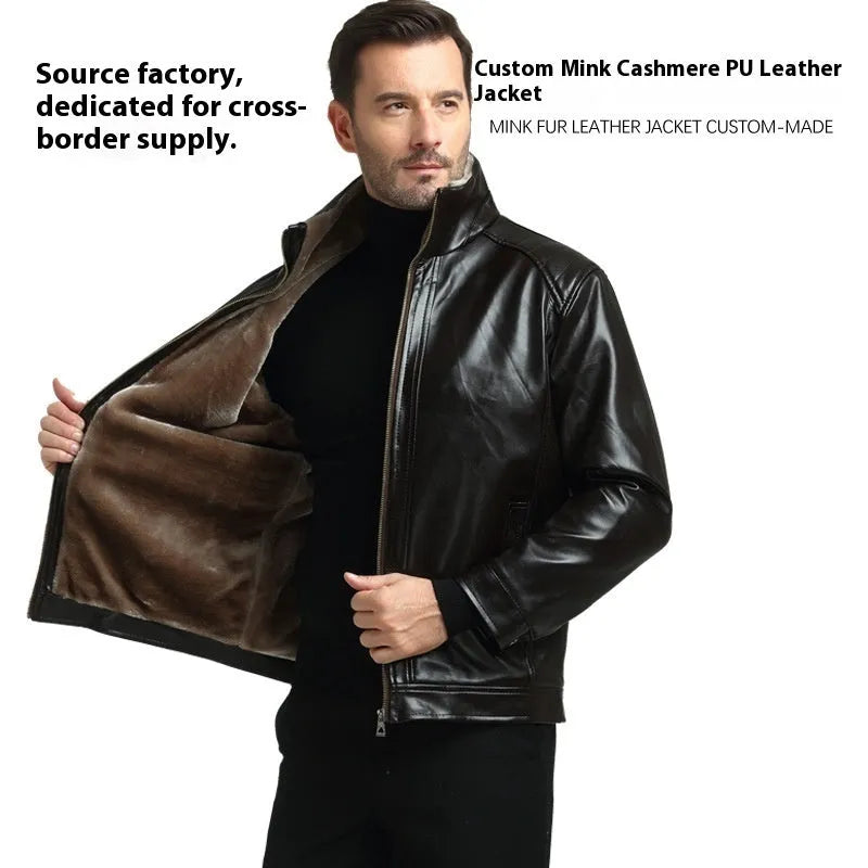 Men's one-piece artificial leather coat with velvet lining, black colour, straight hem design
