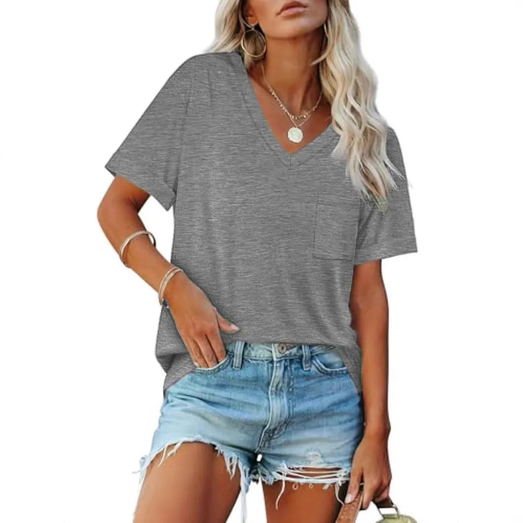 Grey loose casual V-neck T-shirt with chest pocket, short sleeves