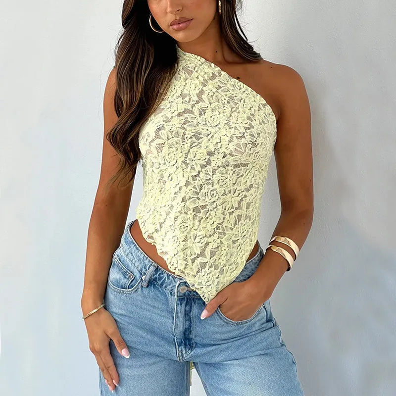 Women's lace backless vest top with asymmetrical neckline in solid colours