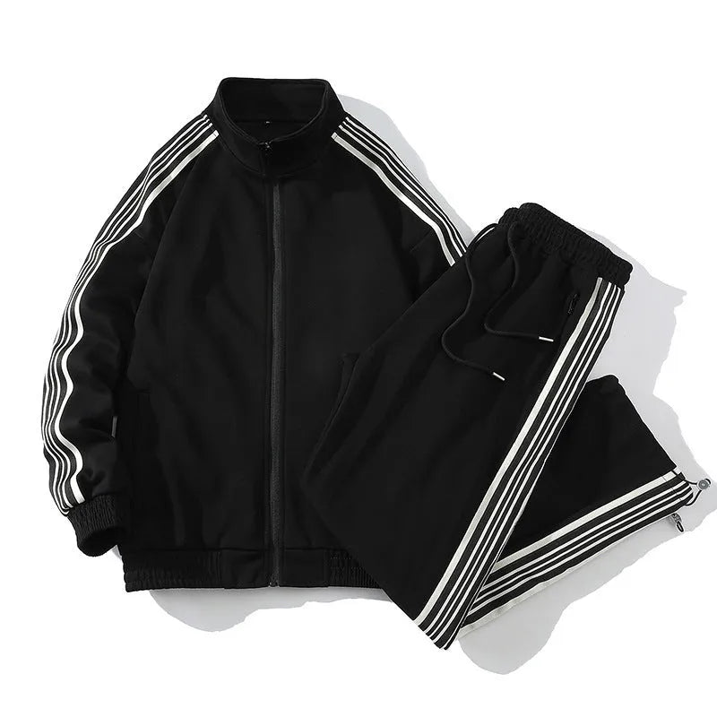 Men's cotton straight striped sports suit in khaki with long sleeve top and cropped pants