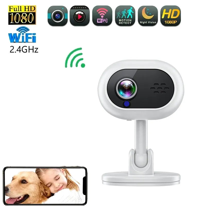 1080P HD mini WiFi camera white front view with night vision lens
