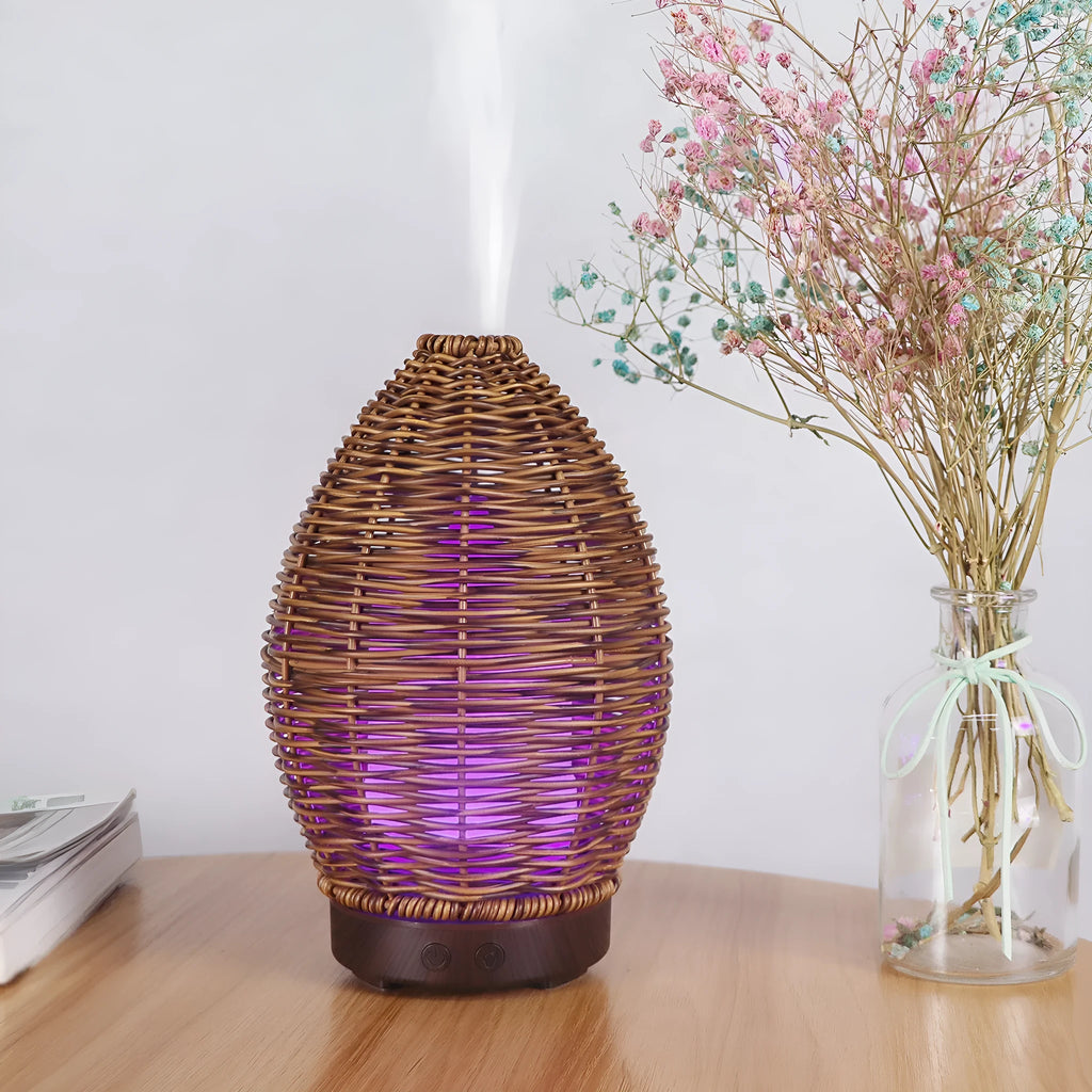 Light wood grain rattan aroma diffuser with 100ml capacity and multiple international plug options