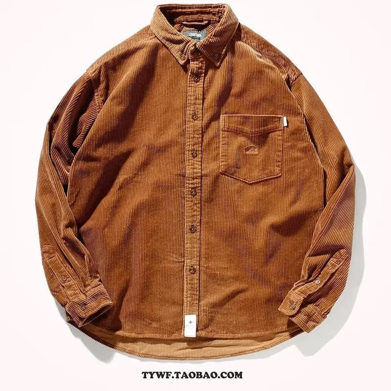 Long sleeve loose shirt in polyester corduroy fabric with caramel colour option