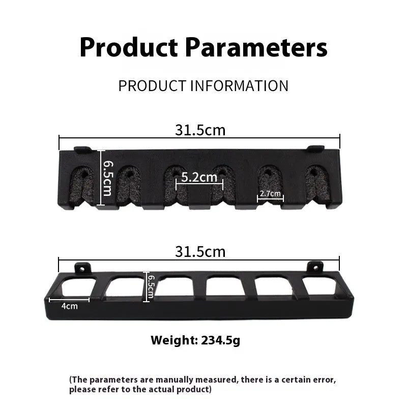 Black ABS plastic wall-mounted fishing rod holder rack showing upright and horizontal mounting styles