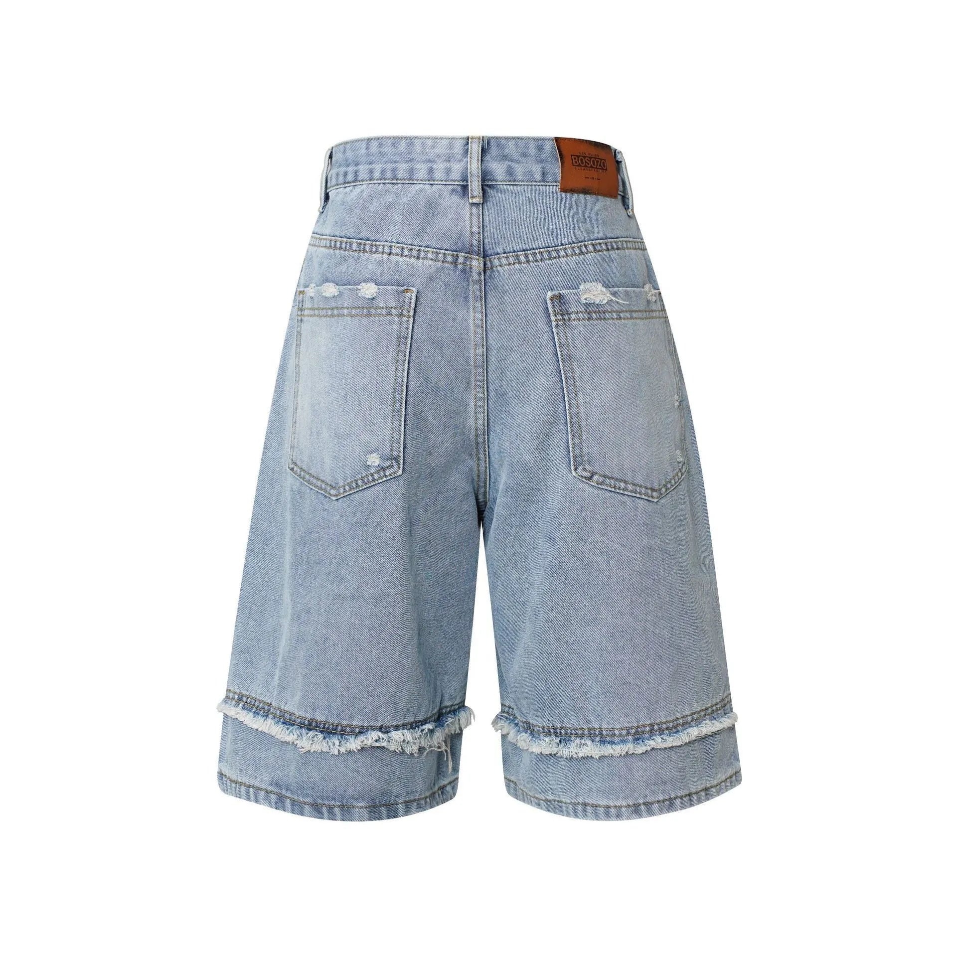 Men's distressed light blue denim shorts with raw edge hems and straight leg cut.