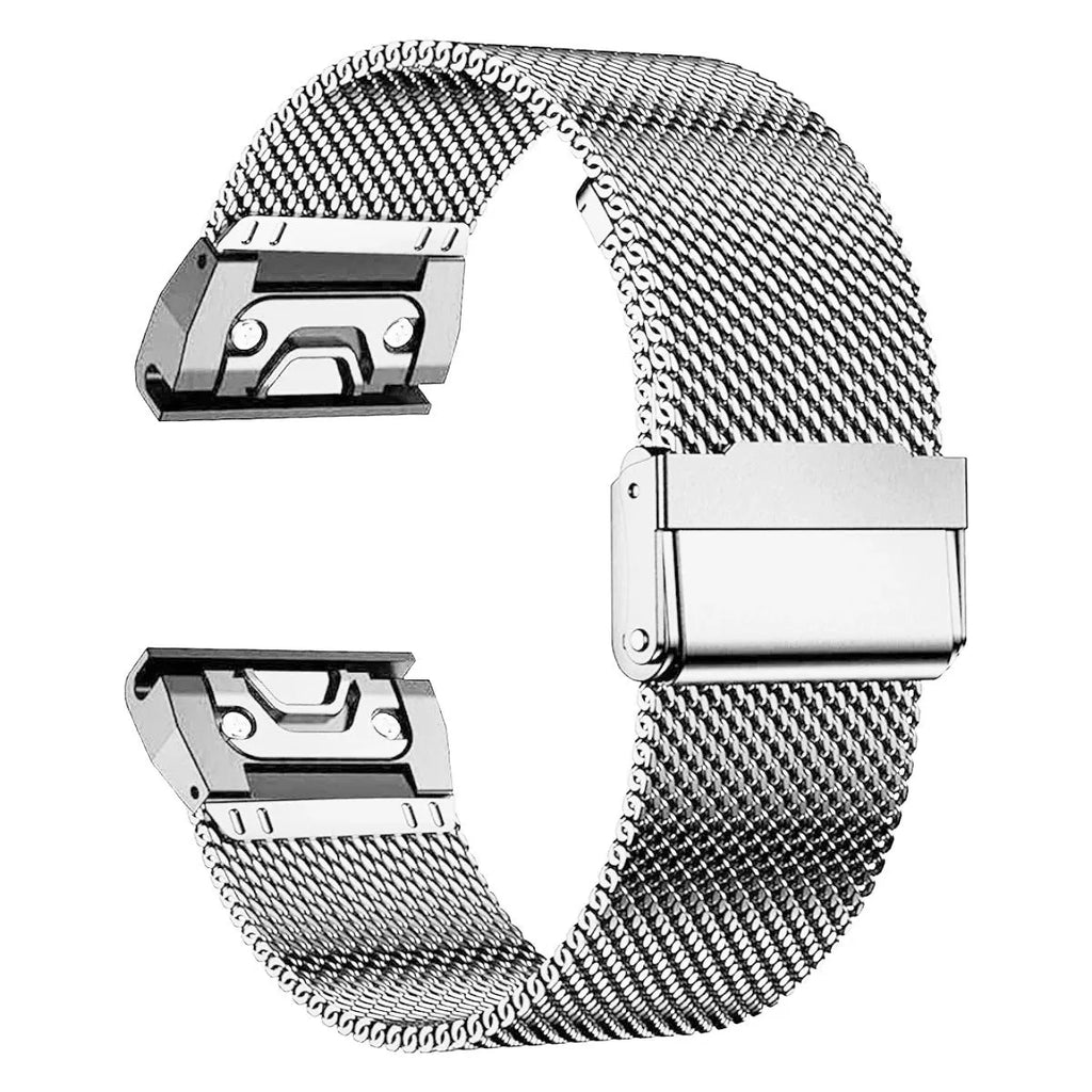 Silver stainless steel watch strap for Garmin Fenix series smartwatch showing lug detail.