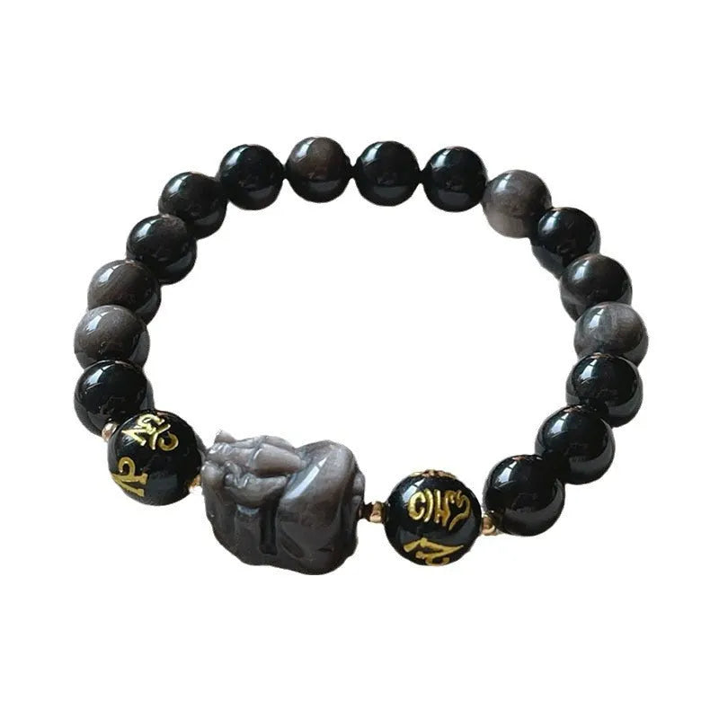 Men's silver stone beaded bracelet with zodiac and Chinese proverb charms on a wrist.