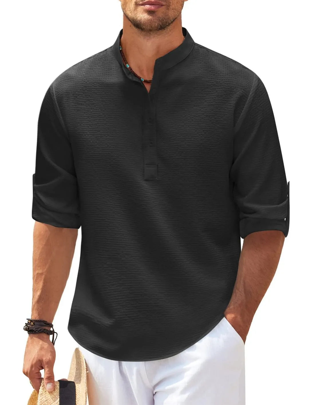 Men's casual stand collar pullover shirt with pineapple texture in polyester, eight colour options, loose fit