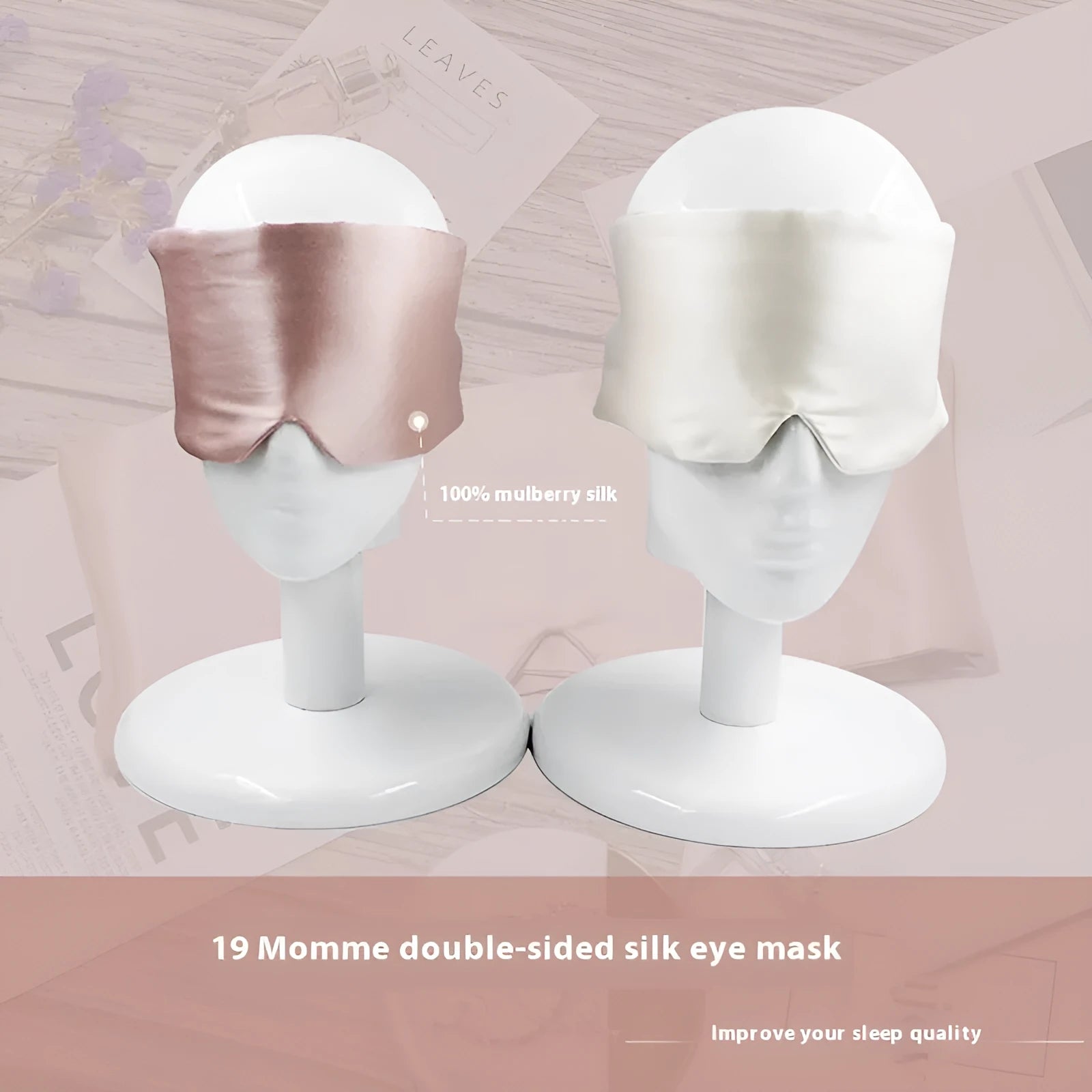Mulberry silk sleep eye mask shown in multiple colours including black, champagne gold, navy blue, and pink.