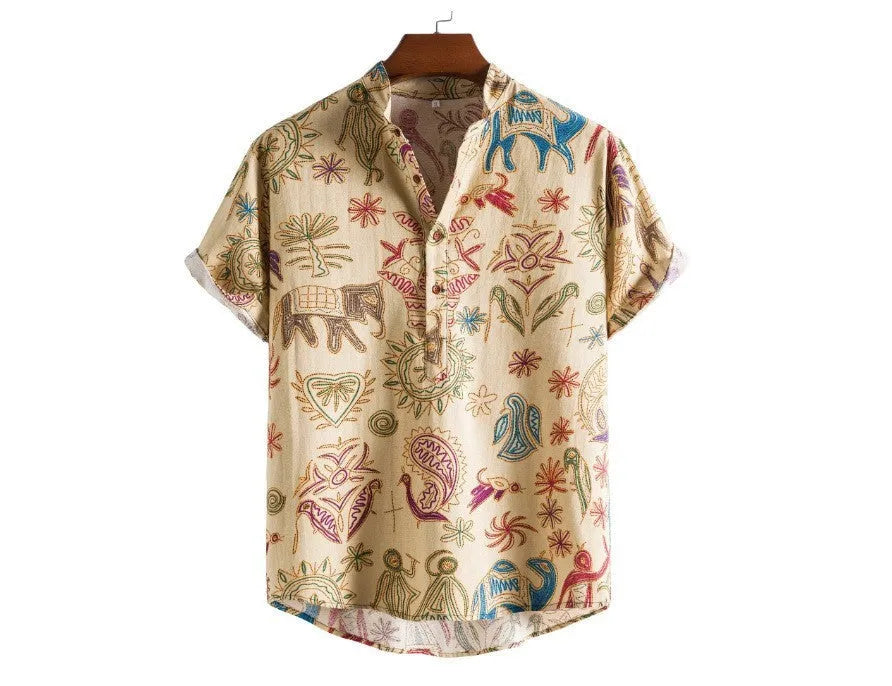 Plus size men's loose fit cardigan shirt with 3D digital colour print on elastic polyester fabric.