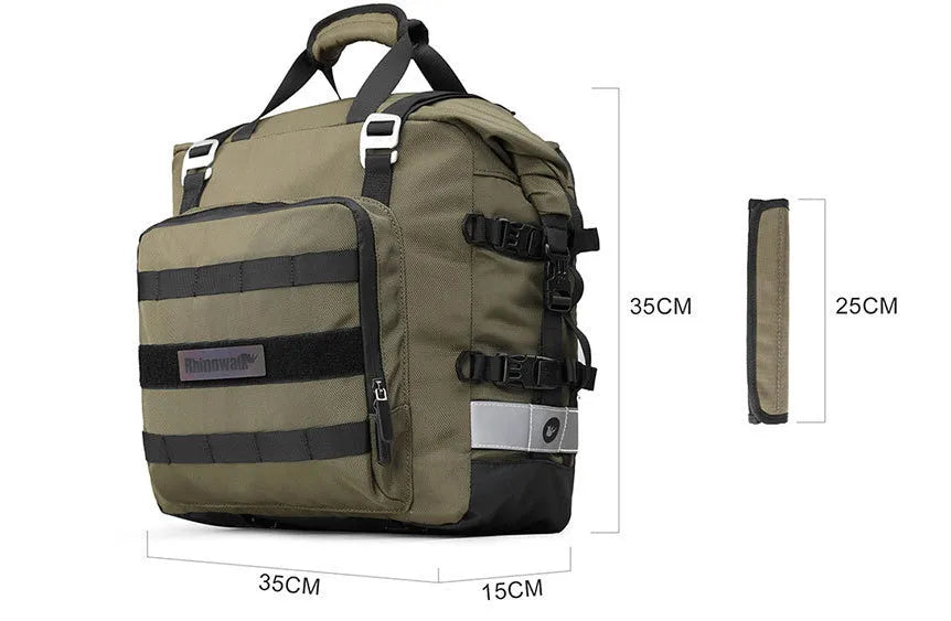 Black 20L quick-release motorcycle side bag mounted on a bike.