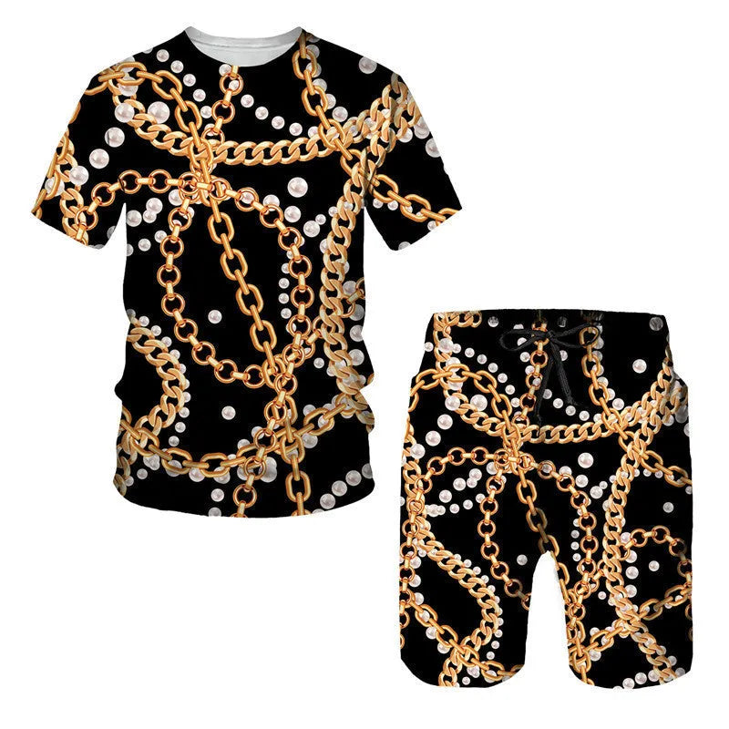 Men's chain pattern digital printed short sleeve t-shirt and matching shorts set