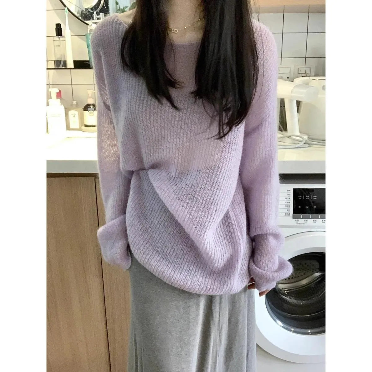 Purple women's round neck blouse with hollow-out detail and princess sleeves in lightweight ice silk fabric