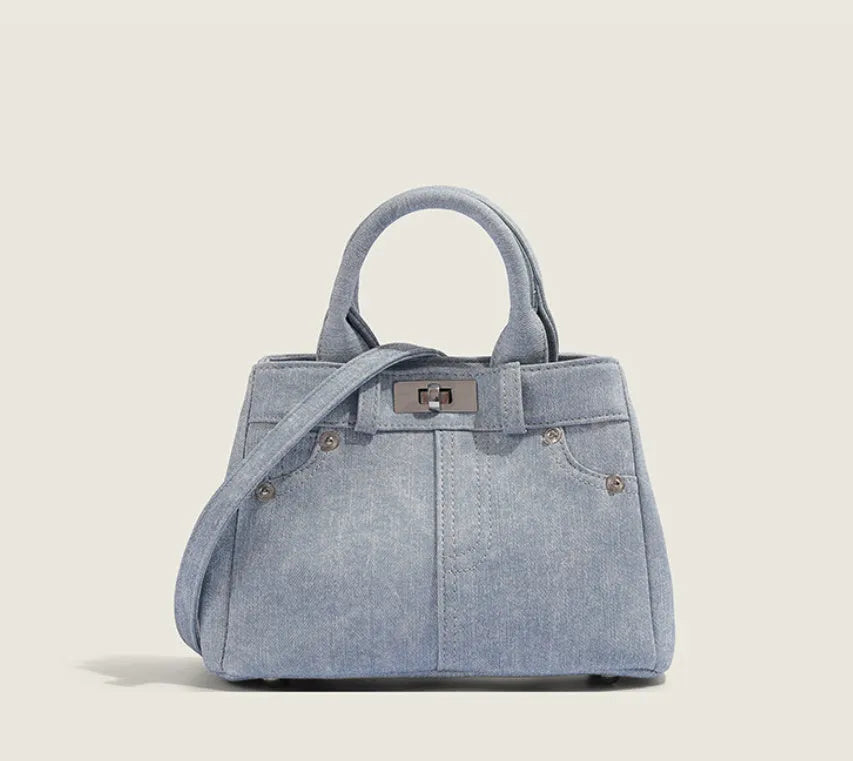 Women's casual PU shoulder handbag in denim blue or white colour, standard size with soft material