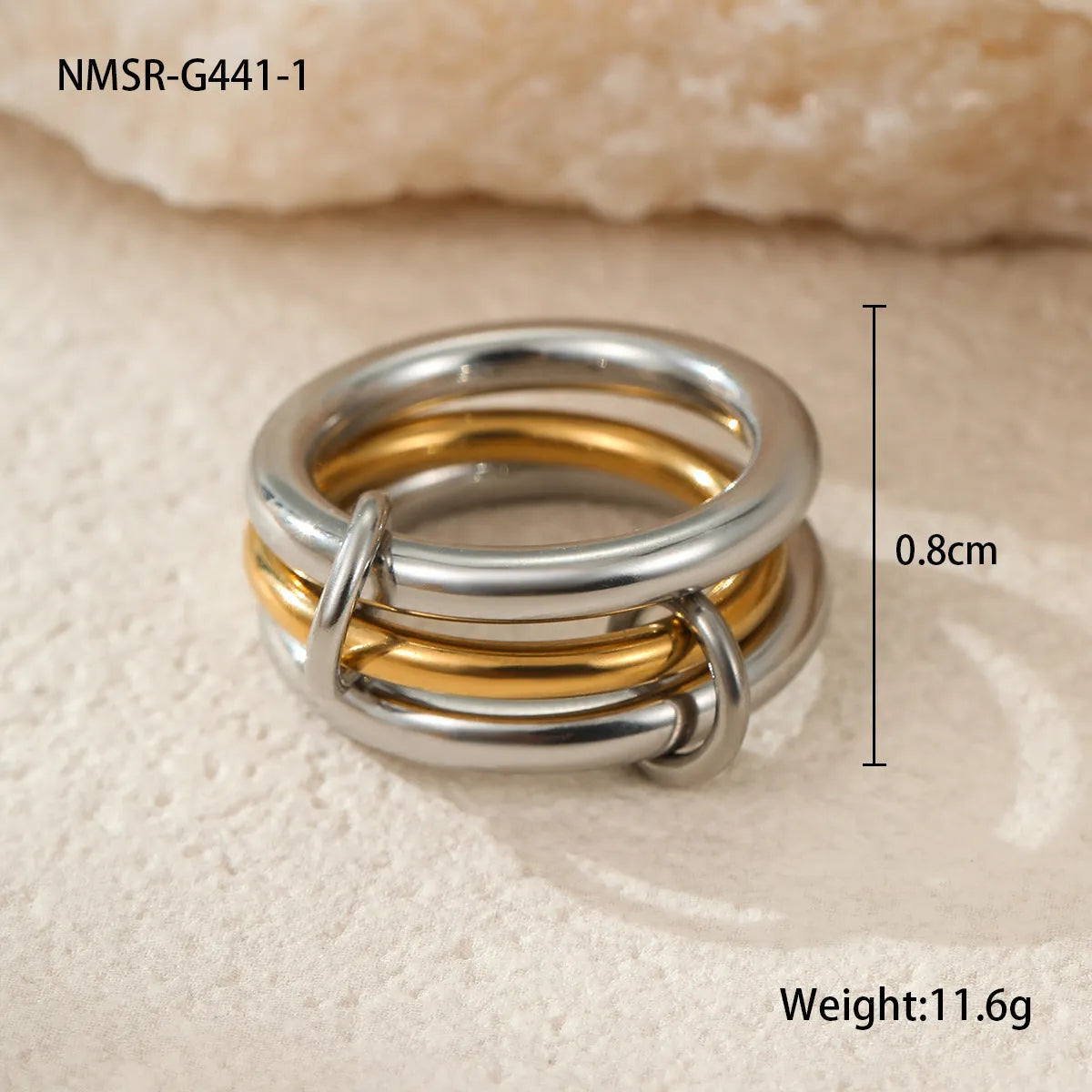 Stacked colour matching stainless steel ring with 18K gold plating and exaggerated personalised design