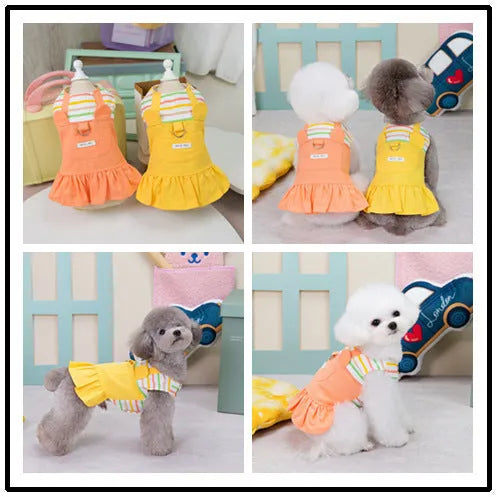 Orange and yellow patchwork striped cotton skirt for dogs on a mannequin
