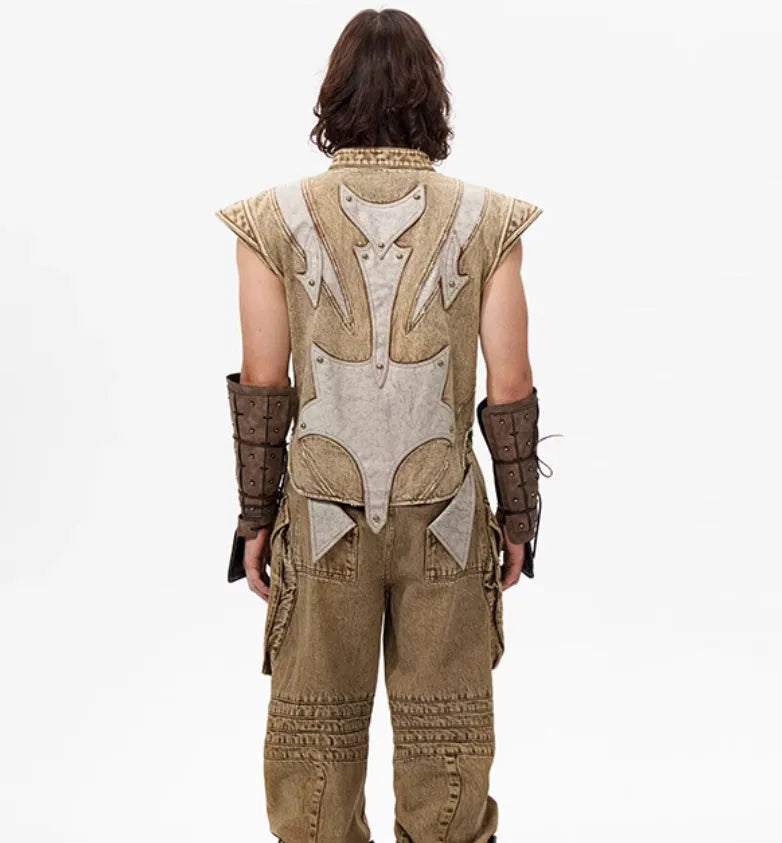Men's denim pleated waistcot in cotton fabric with Korean style cut, shown in available colour