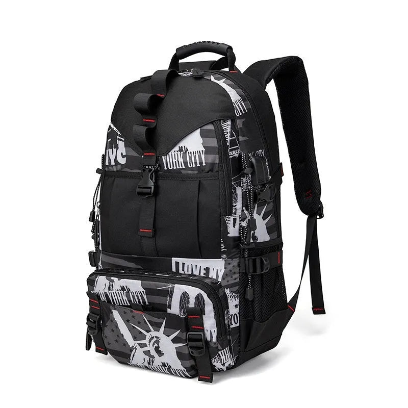 Men's waterproof Oxford cloth hiking backpack showing 56-75 litre capacity and air-pillow belt system