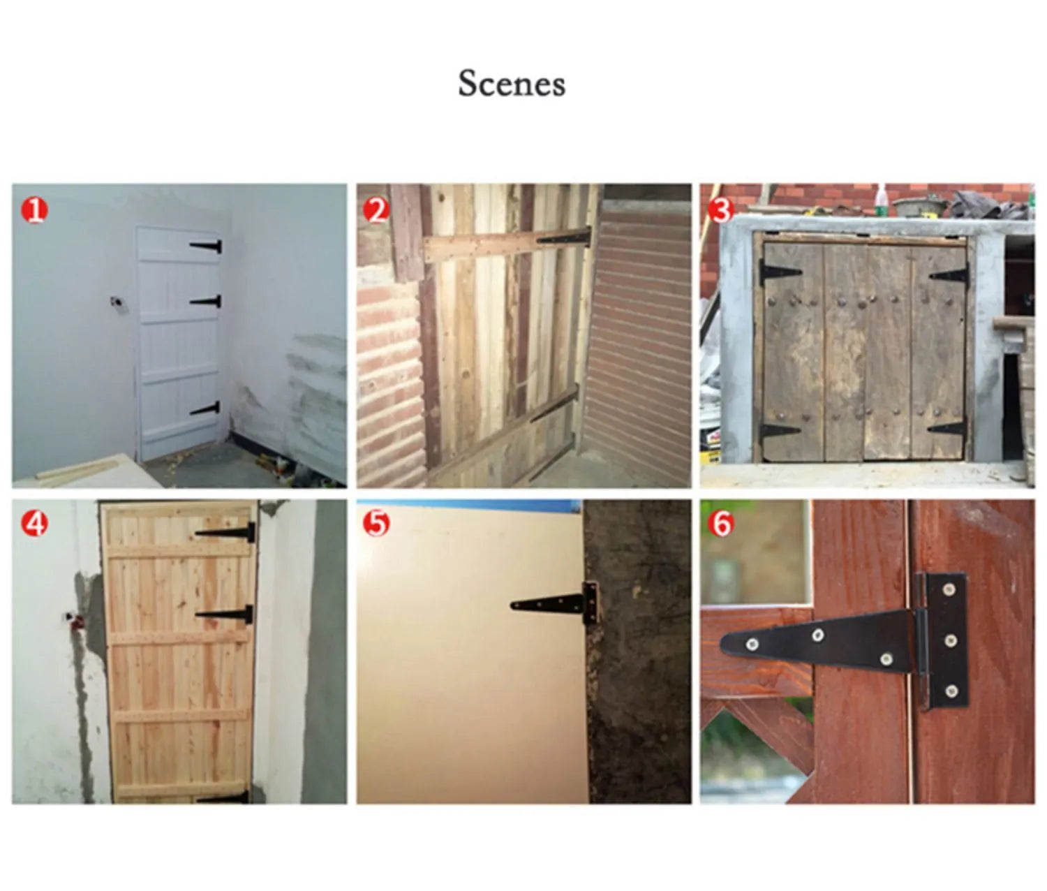 Fixed T-shaped iron hinge for wooden outdoor gates, showing straight arm and multiple size options.