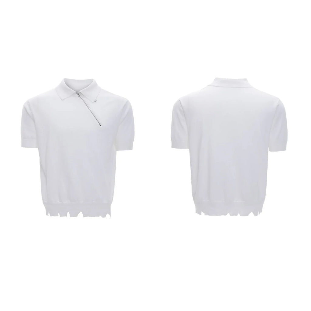 Men's slim-fit knitted polo shirt with oblique zipper collar in black colour