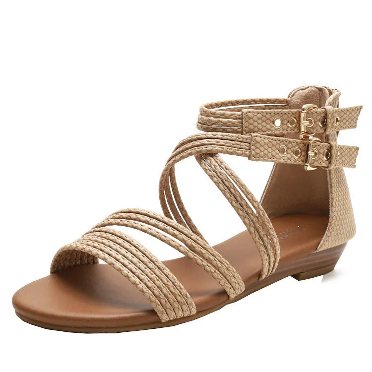 Women's open-toe wedge sandals in light green with a back zipper, decorative belt, and thick rubber sole.