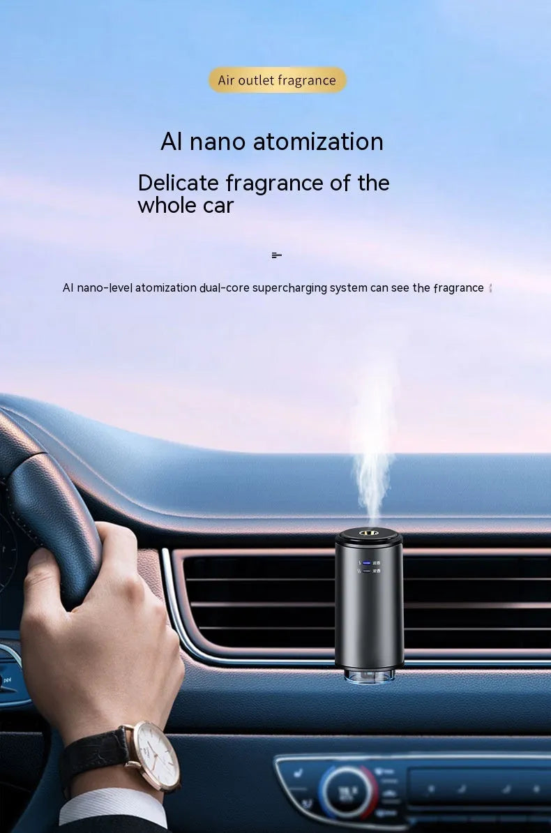 Smart car aroma diffuser clipped onto vehicle air vent in obsidian black colour