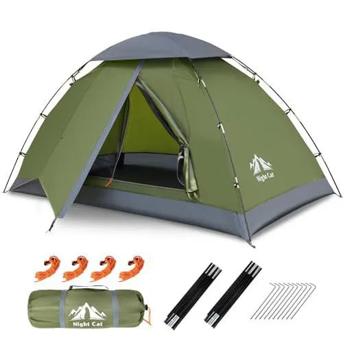Dark green automatic two-person camping tent showing dimensions and waterproof features