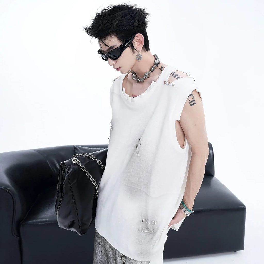 Men's black sleeveless T-shirt with waistcoat styling and irregular cut design