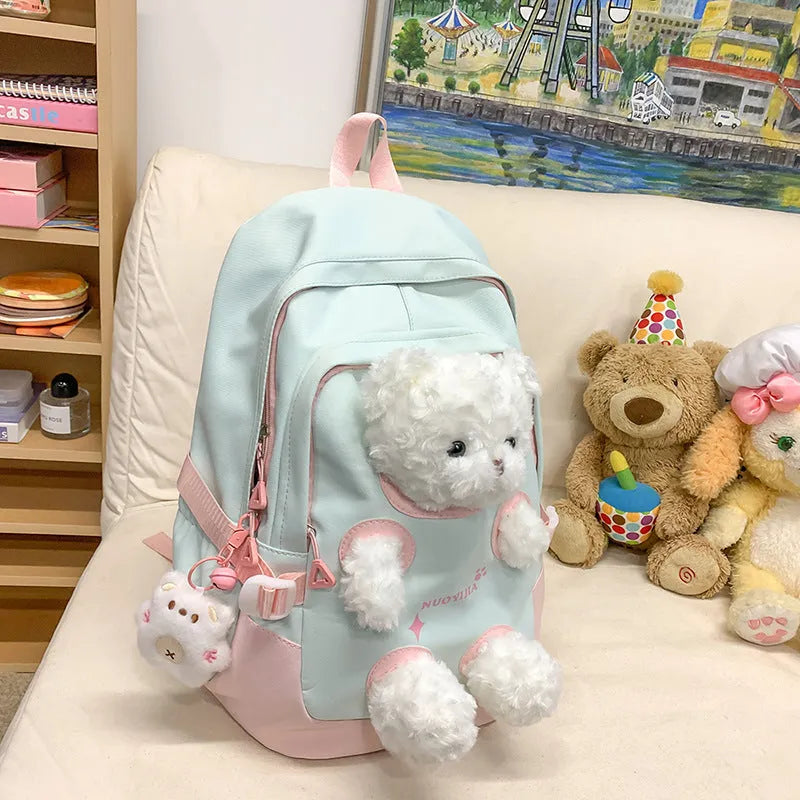 Cute bear school backpack in macaron colours with curved shoulder straps and optional pendant