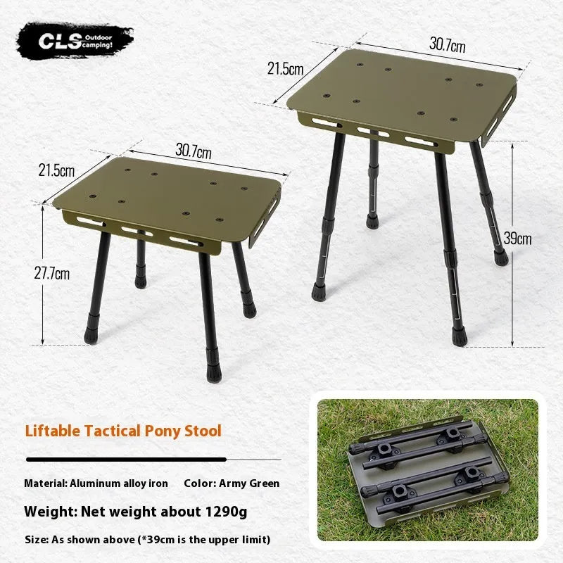 Aluminium alloy dual-use folding camping stool and table with green cushion.