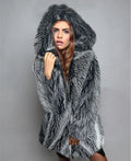 Women's silver grey artificial fur mid-length coat with regular sleeves on a hanger