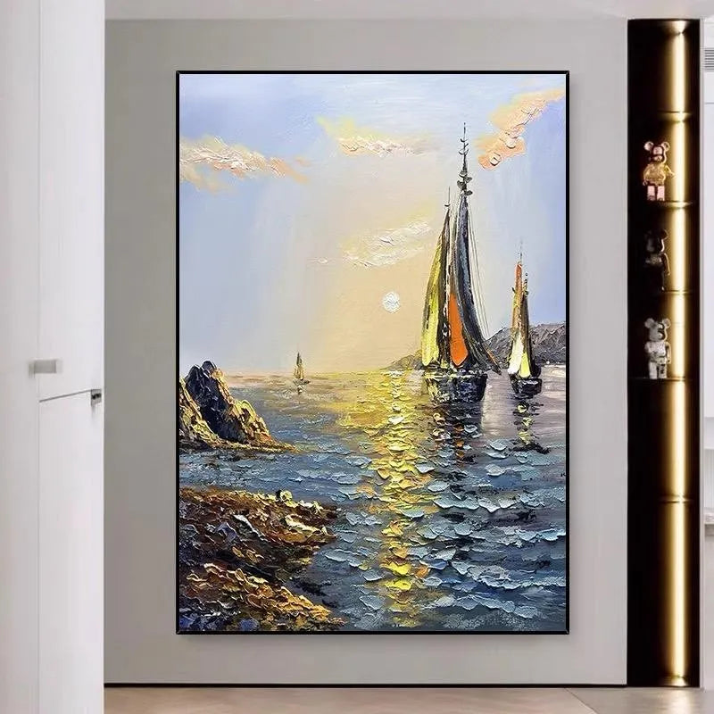 Sea boat handmade oil painting on canvas, vertical landscape, unframed, modern style, suitable for living room wall decor