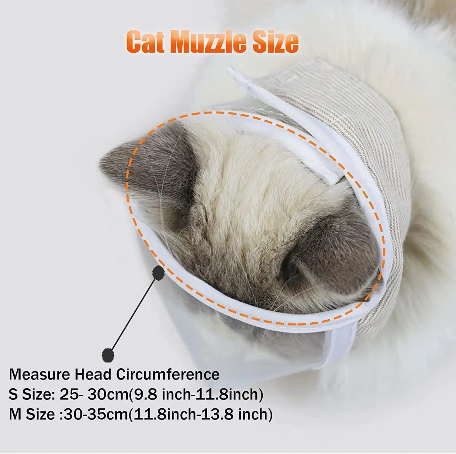 Clear PVC and cotton cat muzzle mask with central breathing hole shown on S and M sizes.