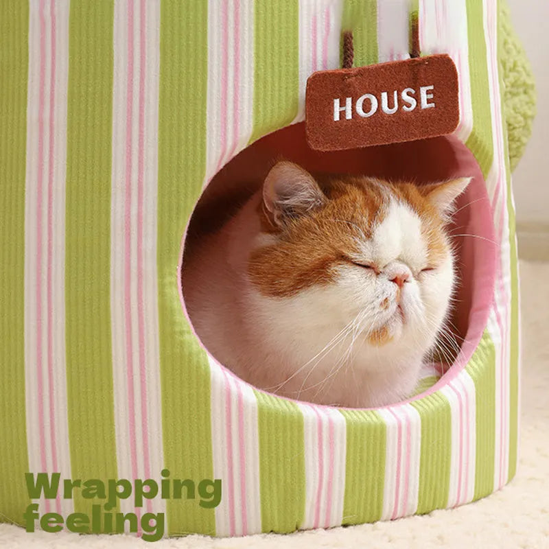 Green enclosed plastic pet house with a creative cauliflower tree hole design for cats or small dogs.