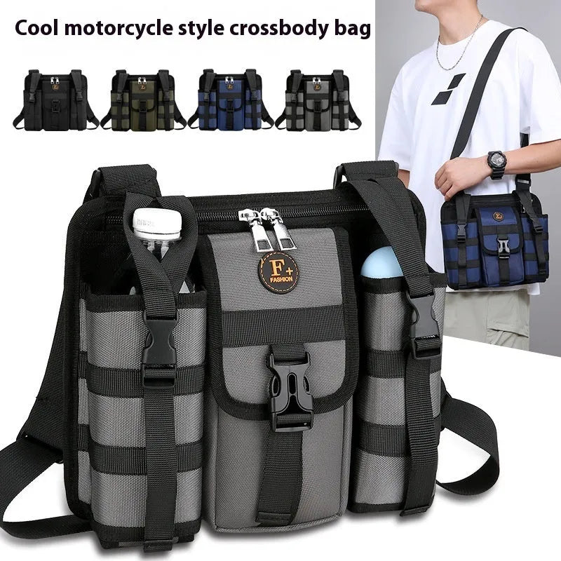 Oxford cloth leisure shoulder messenger bag in black showing dimensions and outdoor features
