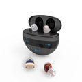 C700 red and blue in-ear digital hearing aid with charging box and ear plugs on a white background.