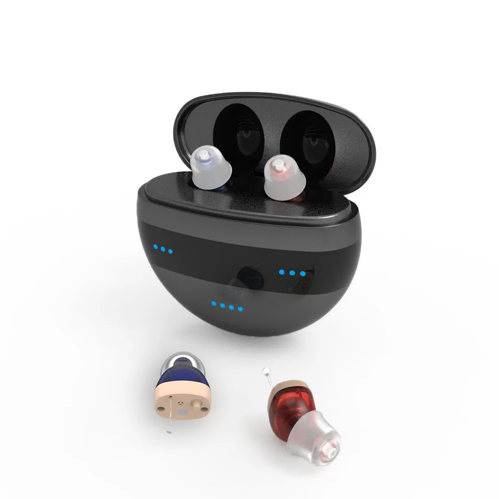 C700 red and blue in-ear digital hearing aid with charging box and ear plugs on a white background.