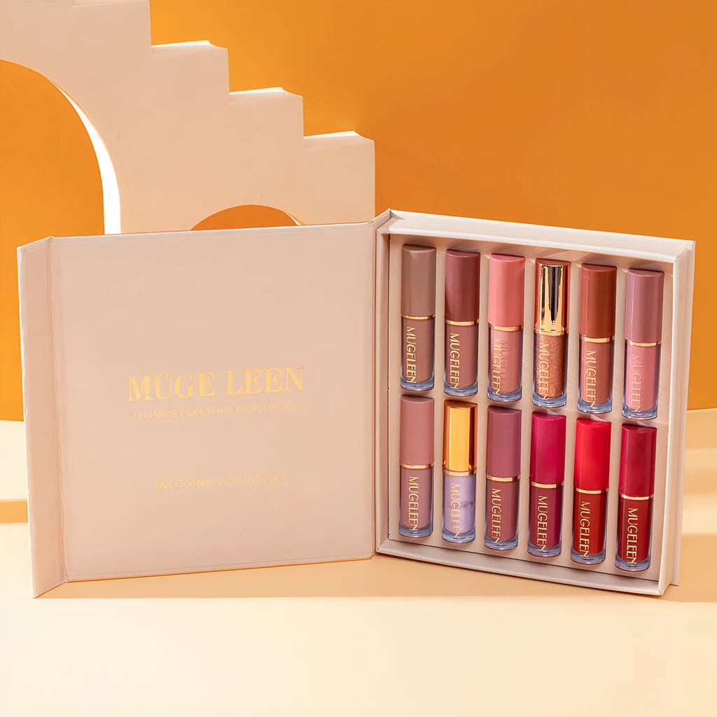 Matte shimmer lip glaze 12-piece set with non-stick cup formula in coordinated colours