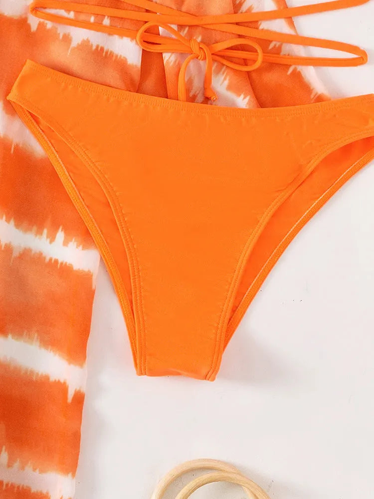 Women's nylon colour block three piece swimsuit set in orange with cardigan