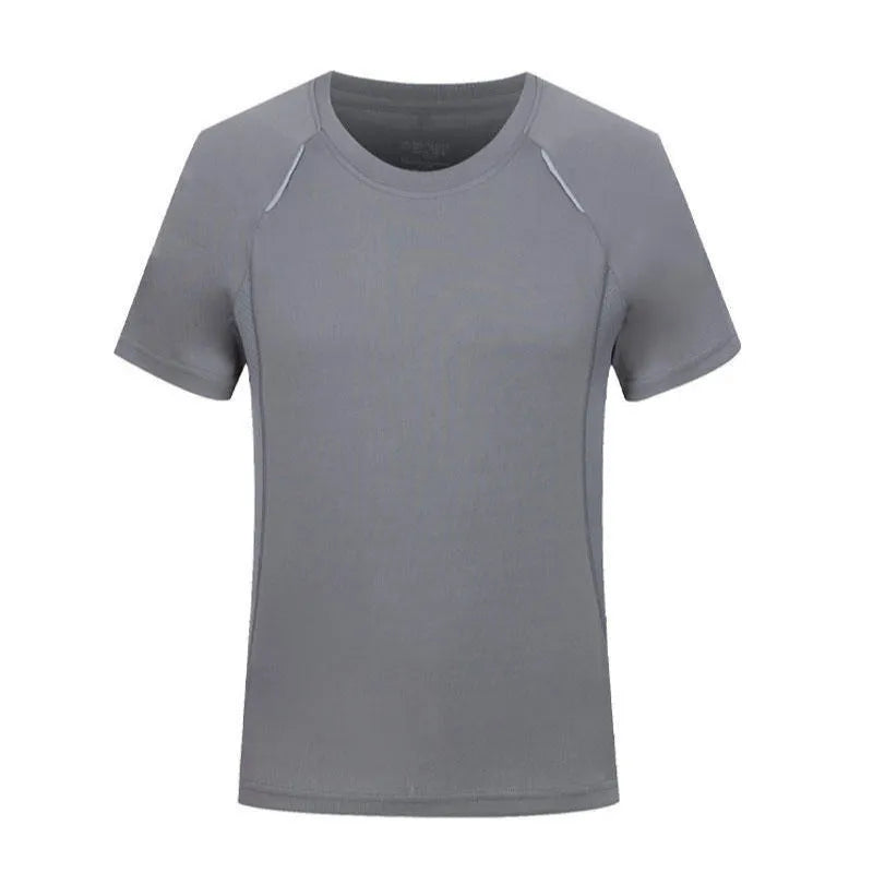 Slim fit quick-dry T-shirt in solid colours on a hanger, showing round neck and short sleeve design.