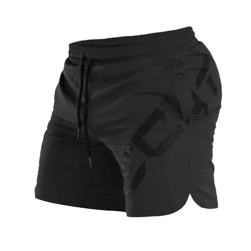 Men's black elastic knee-length training shorts with quick-drying fabric